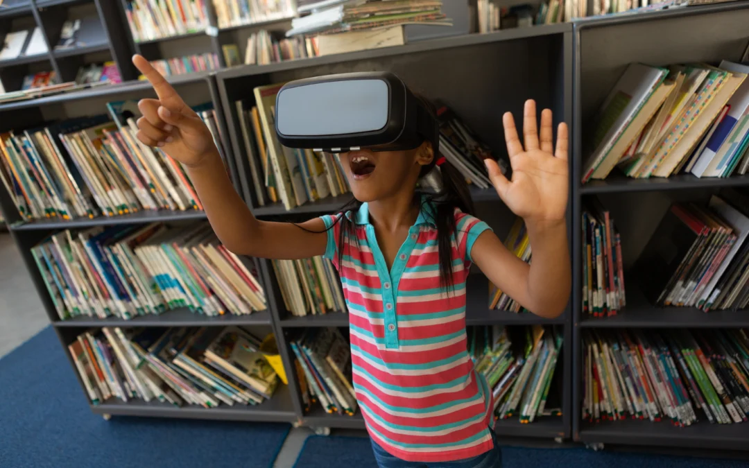 Middle School Girl in Library Using VR Headset. She is actively engaged in her learning.